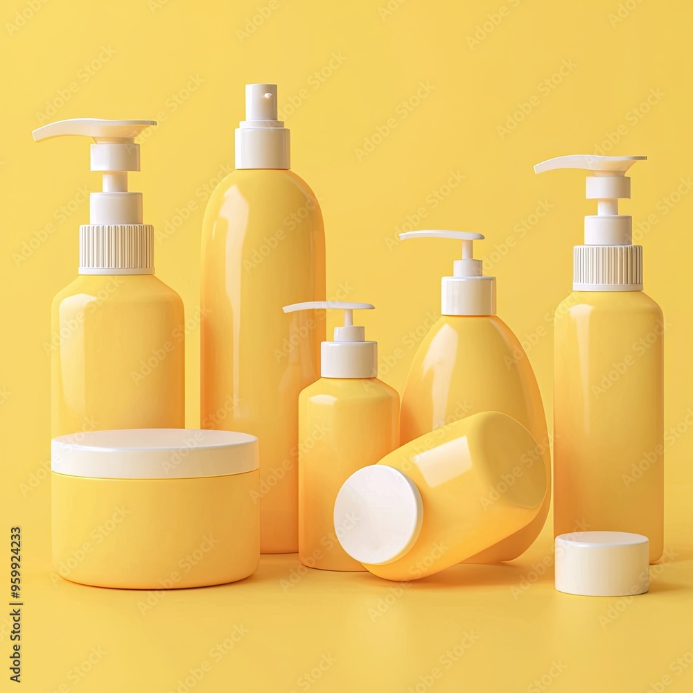 Bright and vibrant yellow bottles and jars, perfect for skincare, haircare, or cosmetic products, featuring modern designs. Bright and vibrant yellow bottles and jars, perfect for skincare, haircare, or cosmetic products, featuring modern designs.