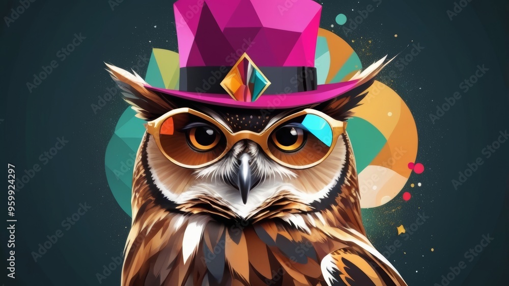 Obraz premium An abstract geometric art piece featuring an owl with a hat and glasses, blending whimsy and creativity in vibrant colors.