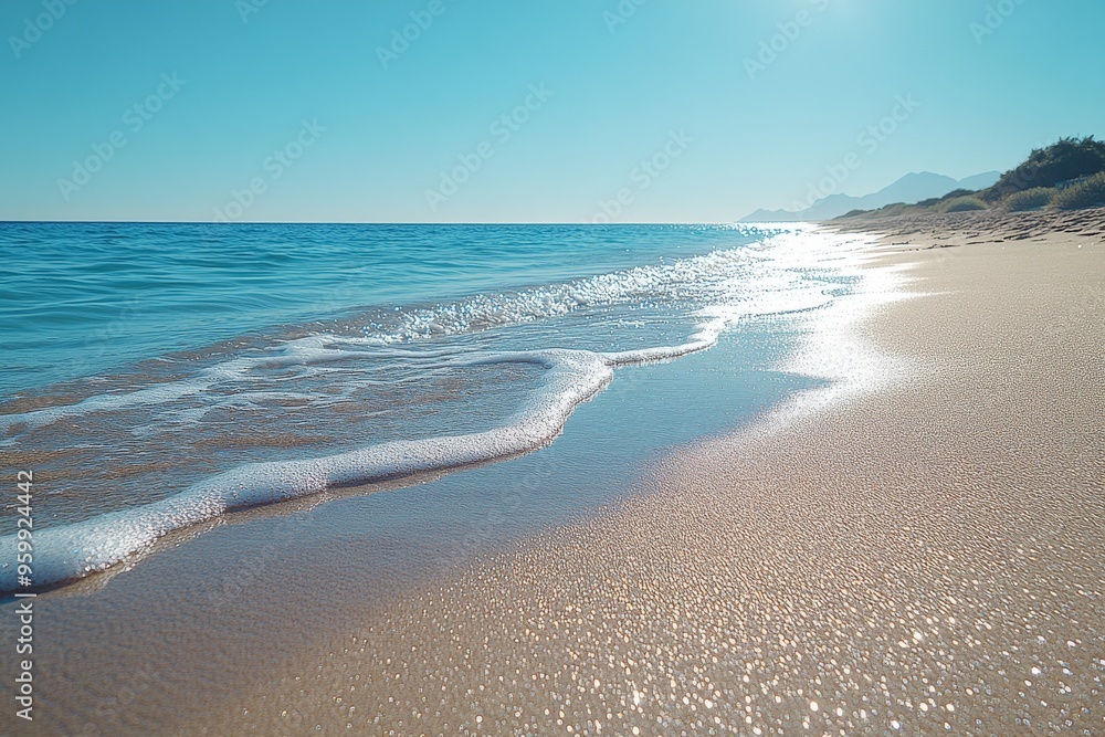 Obraz premium Golden sand by the ocean, with gentle waves. Generative AI