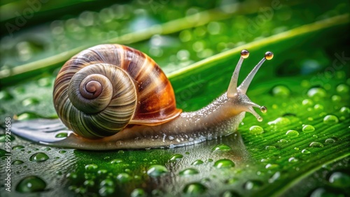 A vibrant, slimy snail leaves a mesmerizing trail of silvery goo on a lush green leaf, showcasing its slow and deliberate journey through nature's wonders. photo