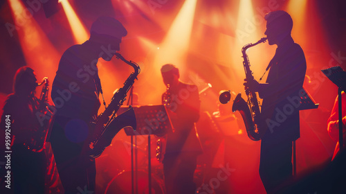 A jazz band playing at a night club or theater photo