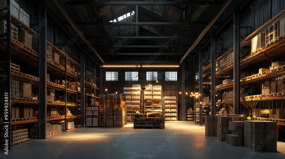 Fototapeta premium A bright, spacious warehouse filled with organized shelves and stacked pallets, ideal for logistics and storage visuals.
