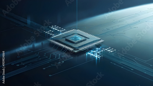 Futuristic Circuit Board with Central Processor. A captivating image of a complex circuit board, showcasing intricate pathways and glowing blue lines.