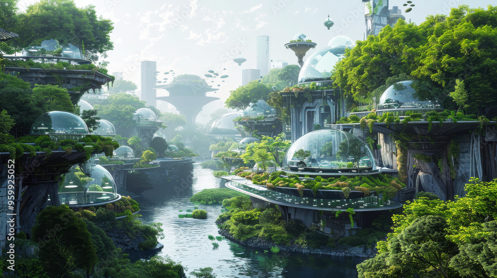 A futuristic city with green trees and buildings A futuristic city with green trees and buildings