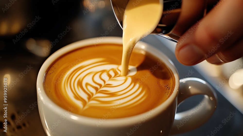 Pouring steamed milk into espresso for latte art. Barista carefully pours steamed milk into an espresso cup to create intricate latte art, showcasing the skill of a professional coffee maker. Pouring steamed milk into espresso for latte art. Barista carefully pours steamed milk into an espresso cup to create intricate latte art, showcasing the skill of a professional coffee maker.