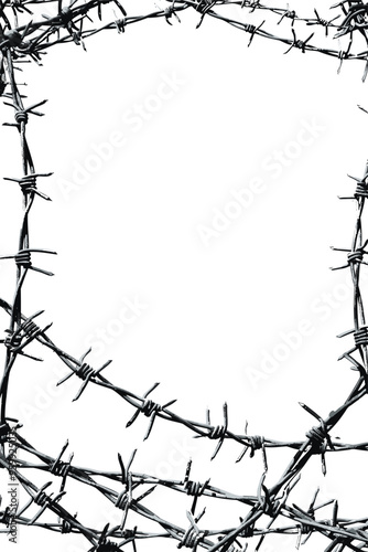 Barbed wire frame on white background, security border template with space for text