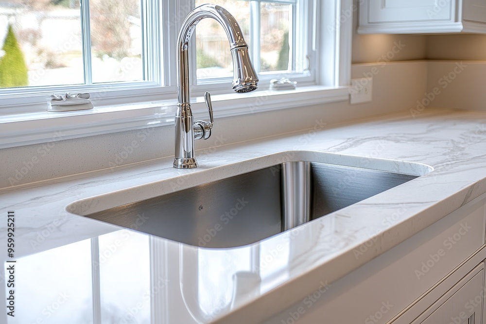 In the white beige modern kitchen, a luxury chandelier hangs over the Wolf stove, a pot filler window is minimalistic and there are four glass doors In the white beige modern kitchen, a luxury chandelier hangs over the Wolf stove, a pot filler window is minimalistic and there are four glass doors