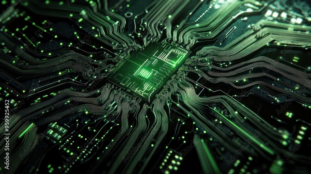 Green Glowing Circuit Board with a Central Processor Green Glowing Circuit Board with a Central Processor