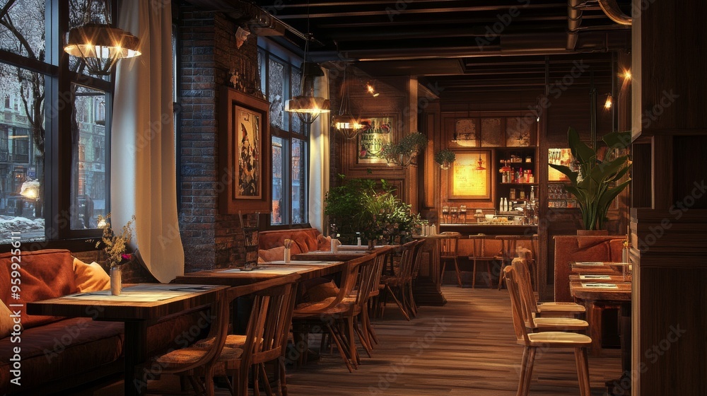 Fototapeta premium Cozy restaurant interior featuring wooden furniture, warm lighting, and lush plants, ideal for intimate gatherings and dining experiences.