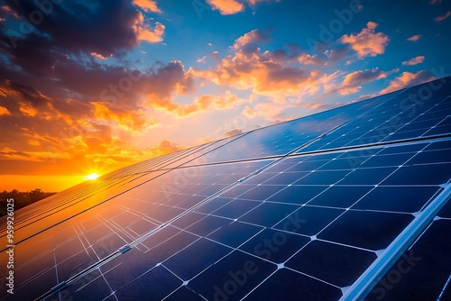 Solar Panel Array at Sunset - Photo