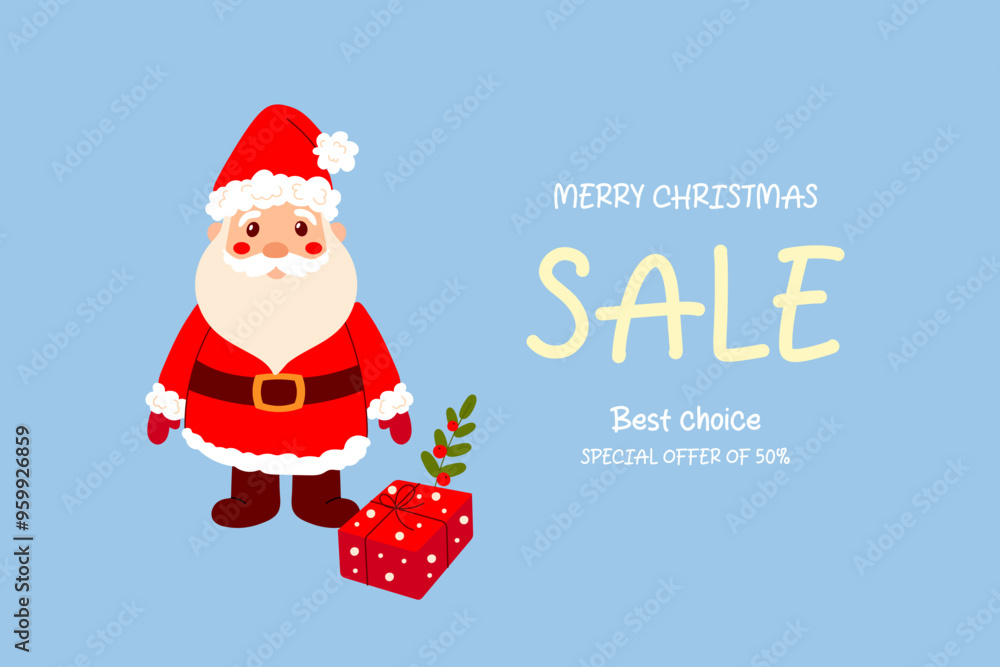 Discount banner on blue background, sale. In a snow ball, toy santa. vector illustration Discount banner on blue background, sale. In a snow ball, toy santa. vector illustration