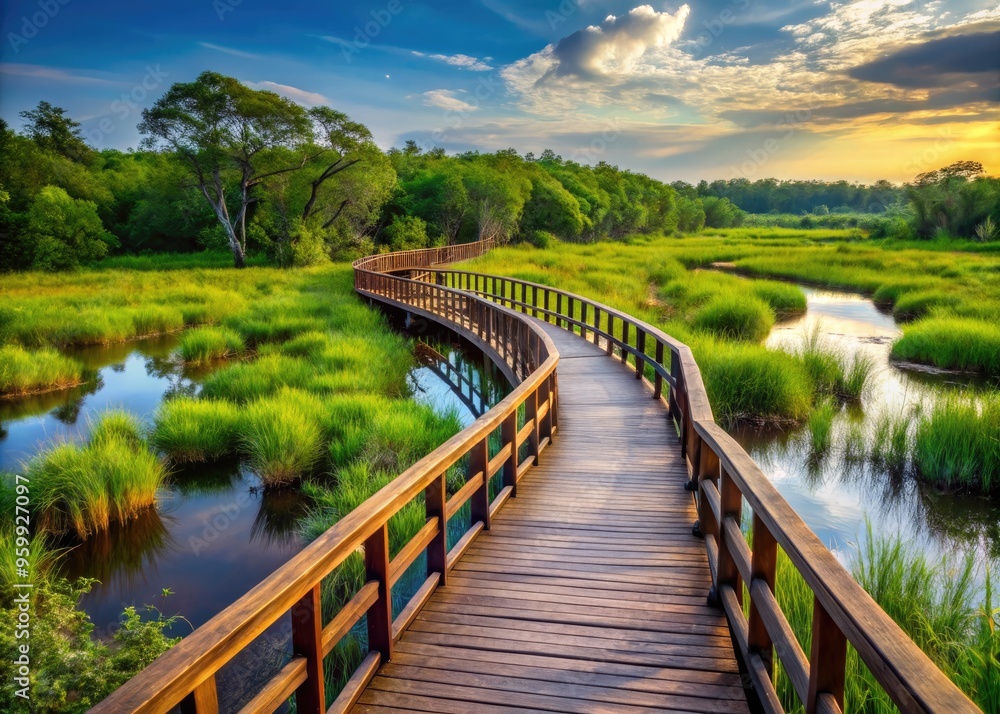 A Winding Wooden Walkway Traverses A Verdant Marsh Ecosystem, Inviting Exploration Amidst The Thriving Flora And Fauna. A Winding Wooden Walkway Traverses A Verdant Marsh Ecosystem, Inviting Exploration Amidst The Thriving Flora And Fauna.