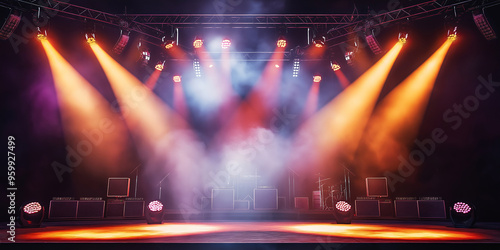  Concert stage with intense spotlights, flares and smoke effects. Lively rock concert atmosphere and vivid clarity. This image was generated by AI photo