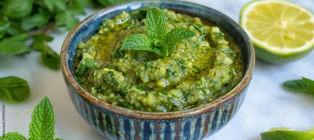 Freshly Made Green Herb Dip With Mint Garnish in a Rustic Bowl, Vegan Food Photography Freshly Made Green Herb Dip With Mint Garnish in a Rustic Bowl, Vegan Food Photography