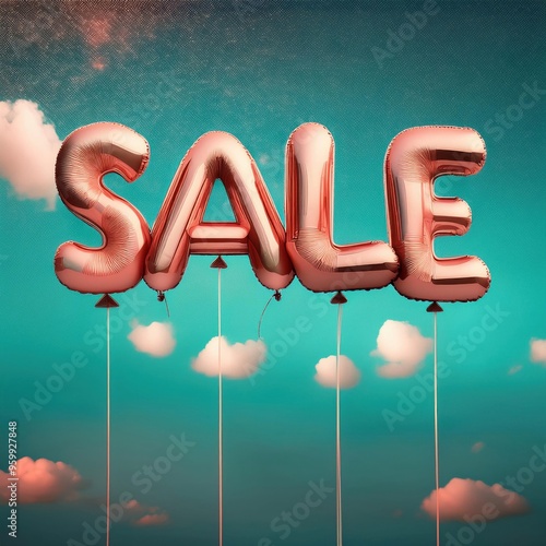 Balloons with the word sale are suspended from strings in the sky, sale discount concept photo