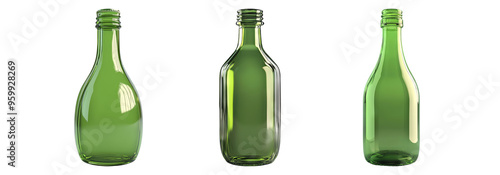 Green glass bottles isolated on transparent background, variety of empty green glass bottles. photo