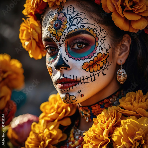 Mujer con maquillaje de Catrina y flores coloridas en el Día de Muertos celebrando la tradición mexicana photo