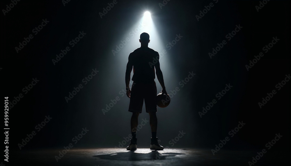 Silhouette of an NBA star under a spotlight, dramatic dark background.
Silhouette of an NBA star under a spotlight, dramatic dark background.