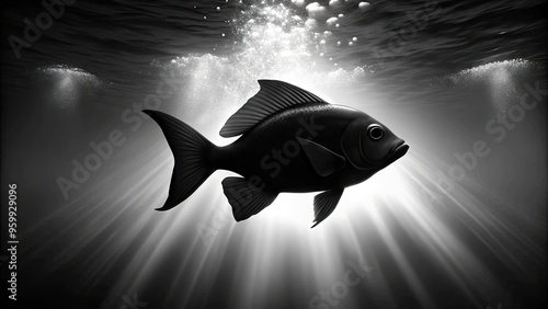 Black And White Silhouette Image Of A Beautiful Fish Swimming Gracefully Through The Water photo