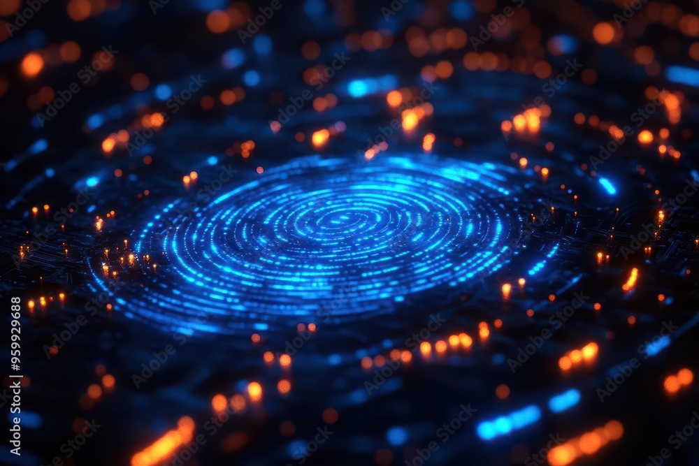 abstract visualization of biometric security featuring a digital fingerprint scan with glowing blue lines and data points futuristic cybersecurity concept on dark background abstract visualization of biometric security featuring a digital fingerprint scan with glowing blue lines and data points futuristic cybersecurity concept on dark background