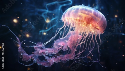 A mesmerizing jellyfish glows ethereally as it floats in the dark depths of the ocean. The jellyfish