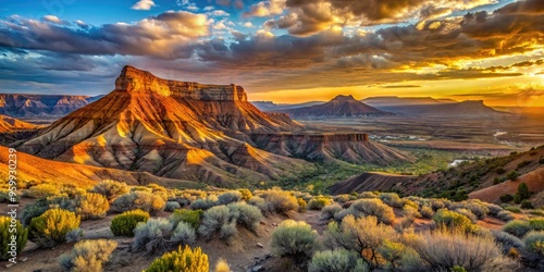 Breathtaking sunrise over the rugged Bookcliff Mountains, with layers of rust-hued rock formations, sagebrush-covered hills, and a serene valley below. photo