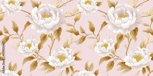 Minimalistic white and gold floral design on light pink, seamless vector, chic and elegant pattern.