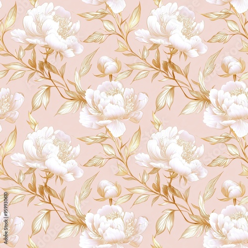 Seamless floral pattern with white and gold peonies, light pink background, modern vector design.
