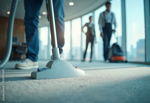 Professional cleaner using a vacuum on an acrylic carpet in a high-rise office.







 photo