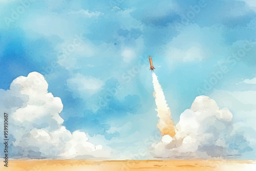 Rocket launch watercolor painting
