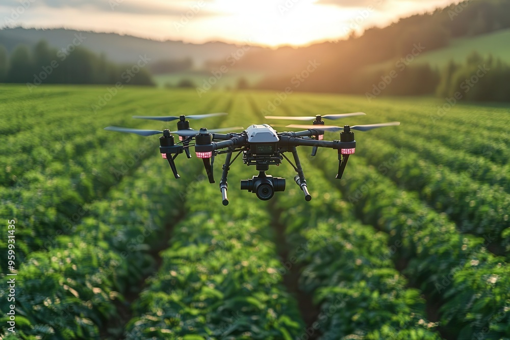 advanced agricultural drone hovering over a vast crop field equipped with multispectral cameras and sensors monitoring crop health in a futuristic farm setting