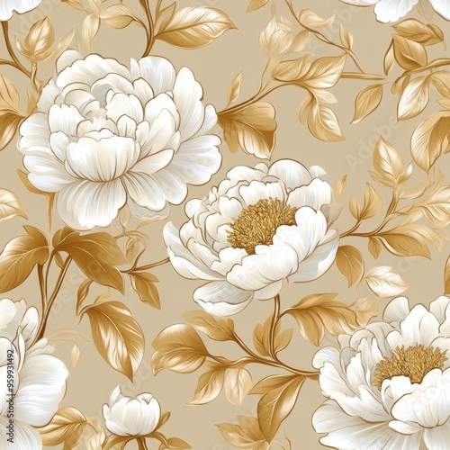 Fototapeta Naklejka Na Ścianę i Meble -  Seamless white and gold floral pattern on beige background, peonies and vines, elegant vector art.
