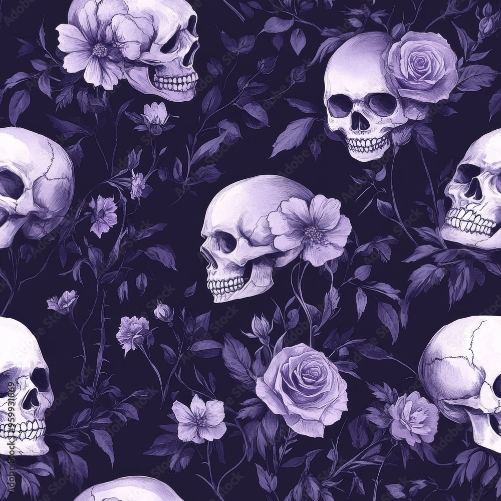 Lavender Skull and Rose Pattern with Gothic Elements, Dark Background, and Romantic Vintage Illustration Lavender Skull and Rose Pattern with Gothic Elements, Dark Background, and Romantic Vintage Illustration