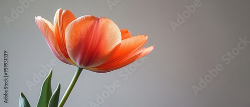 Wallpaper Mural Single Orange Tulip with Green Stem and Leaves Against a Grey Background Torontodigital.ca
