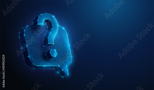 Abstract illustration of question mark floating over chat bubble in low poly style. Blue geometric background depicting faq and technical expert support concept by wireframe connection structure