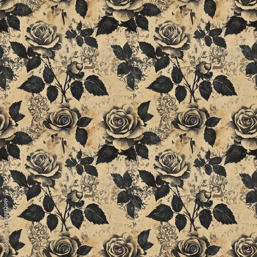 Elegant Antique Roses: Seamless Black and Cream Floral Pattern with Soft Faded Distressed Details
