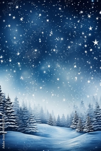 Winter night sky filled with stars above a snowy landscape and evergreen trees photo