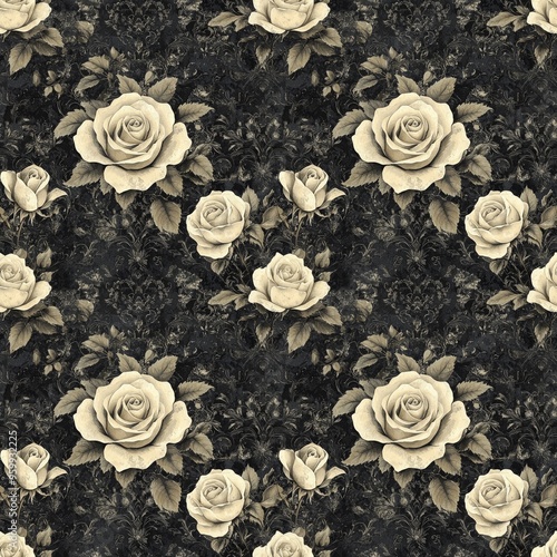Romantic Shabby Chic: Seamless Floral Design of Vintage Roses on a Distressed Grunge Background