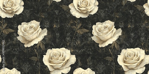 Vintage Black and Cream Roses: Distressed Floral Pattern with Ornate Antique Faded Edges