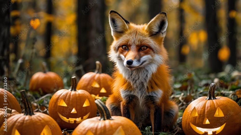 Fototapeta premium A sly fox sitting among a cluster of Jack-o'-lanterns in a forest clearing, playful spirit of Halloween