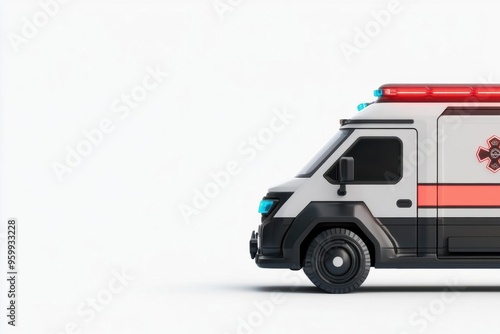 A futuristic ambulance clipart, sci-fi emergency vehicle element, 3D render, neon lights, isolated on white background