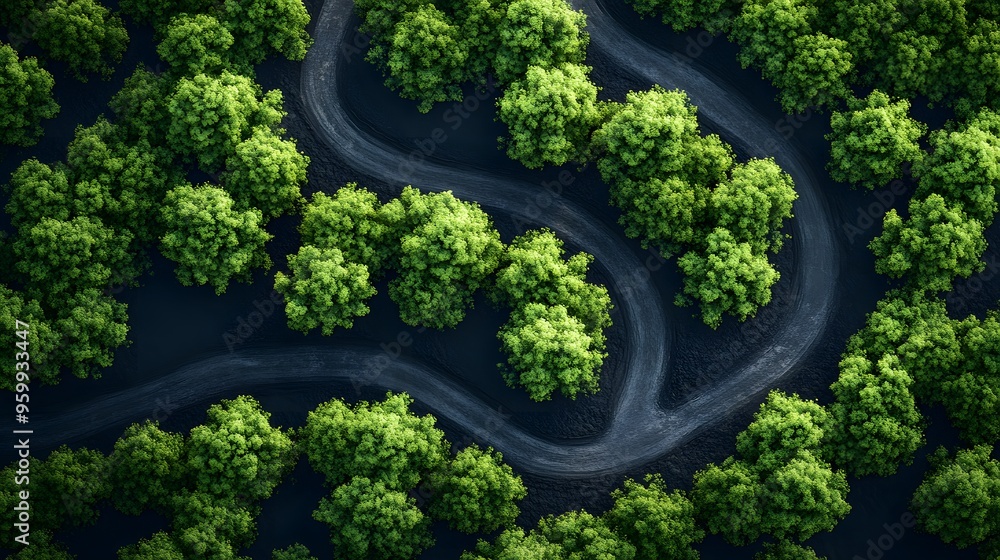 Obraz premium Winding river flowing through a dense green forest, viewed from above