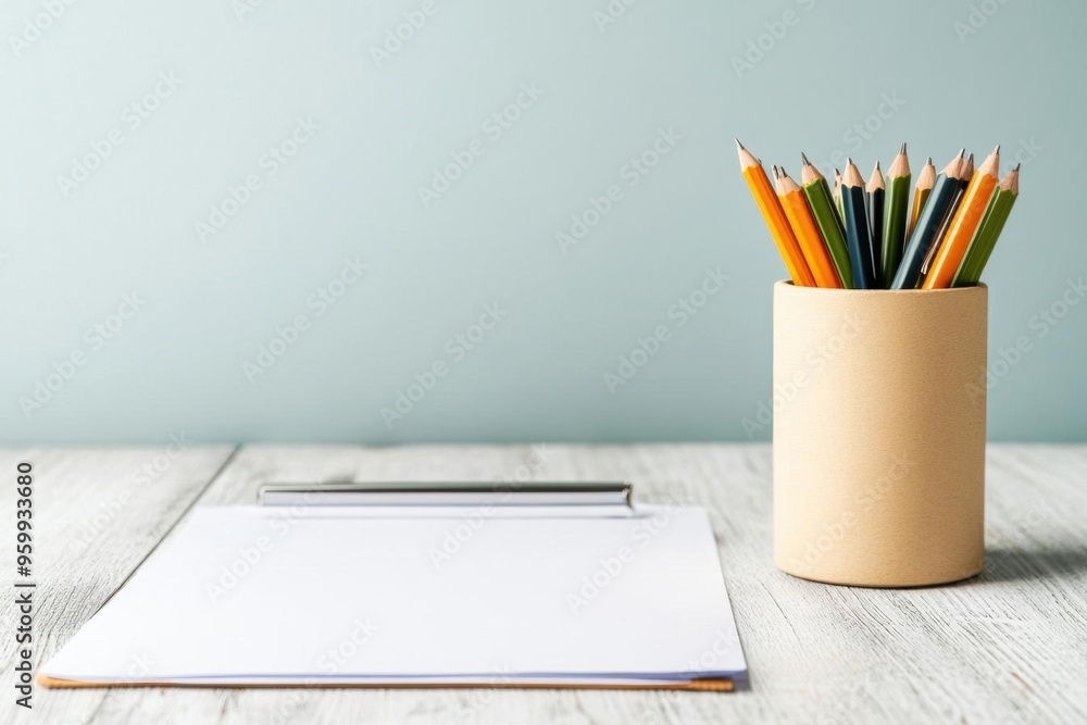 Fototapeta premium A collection of colored pencils in a cup beside a blank sheet of paper on a wooden table, ideal for creativity and design.