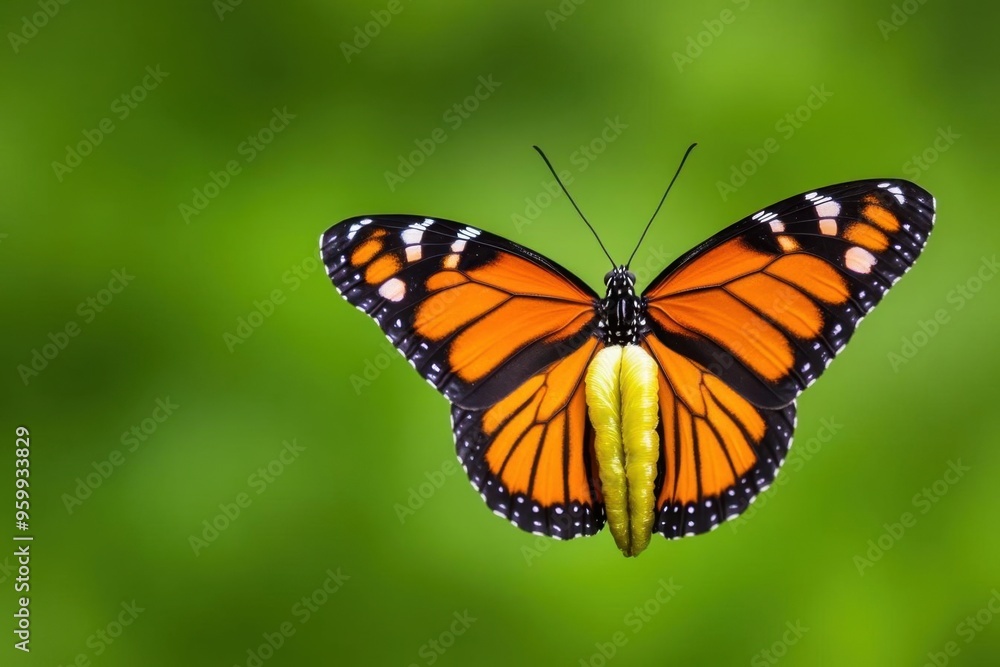 Naklejka premium A vibrant monarch butterfly perched gracefully against a blurred green background, showcasing its colorful wings.