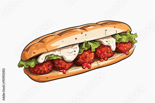 Delicious meatball sub sandwich illustration