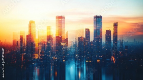 Stunning city skyline at sunset, featuring shimmering reflections and vibrant colors, perfect for urban and landscape themes.