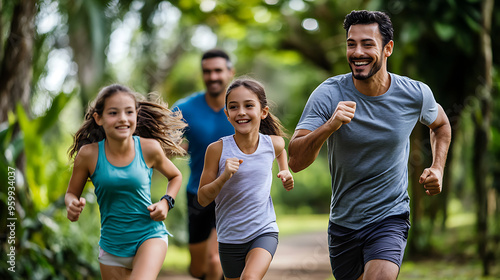 A family of four going on a morning jog together in a lush park, with both parents and children smiling and active 