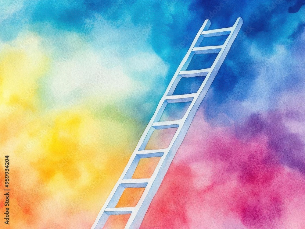 A vibrant watercolor illustration of a white ladder ascending into a colorful, dreamy sky, symbolizing aspiration and possibility. A vibrant watercolor illustration of a white ladder ascending into a colorful, dreamy sky, symbolizing aspiration and possibility.