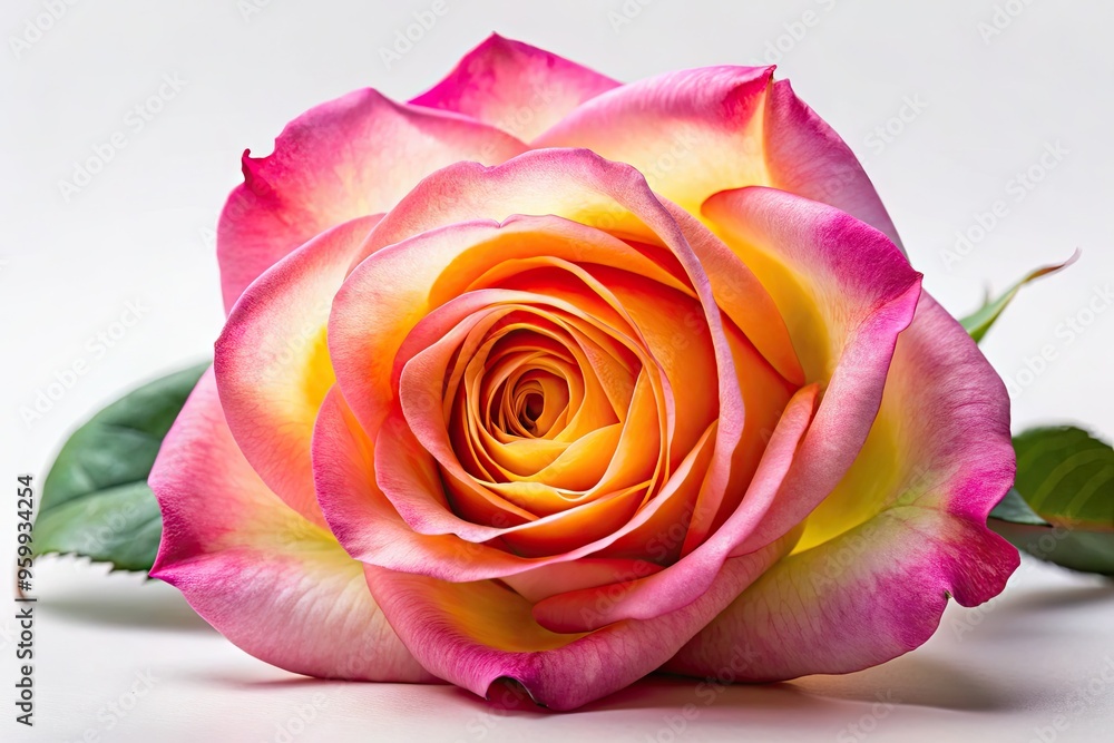 Close-Up Image Of A Single Vibrant Pink Rose With Soft Petals And A Yellow Center On A White Background. Close-Up Image Of A Single Vibrant Pink Rose With Soft Petals And A Yellow Center On A White Background.