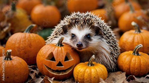 Hedgehog and Mini Pumpkins, a cute hedgehog nestled between a small Jack-o'-lanterns